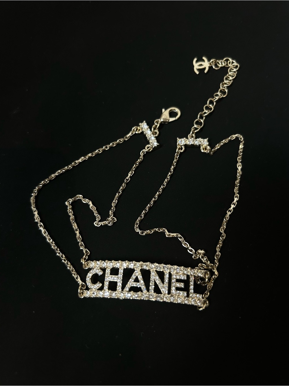 CHANEL Gold Crystal-Embellished Logo Necklace